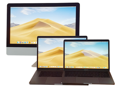 A modern digital photograph displaying a collection of Apple products including MacBooks, iPads, iPhones, and Apple accessories, arranged on a clean white background for a premium, minimalist look