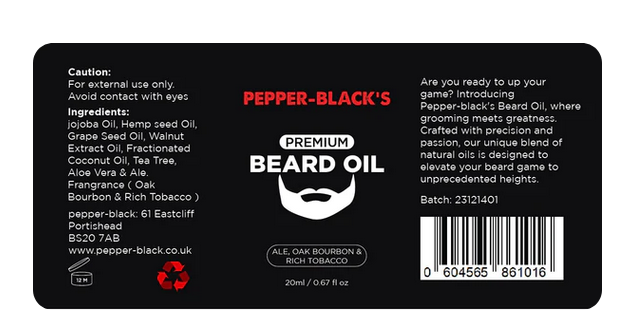 Pepper-Black's 100% Natural Beard Oil Facial Hair Conditioning - 20ml