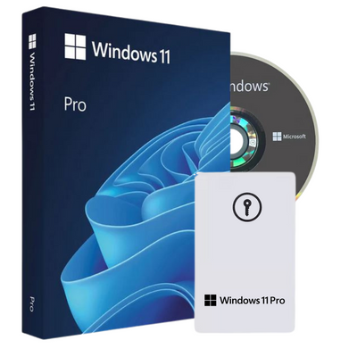 Windows 11 Pro software package with packaging, CD, and key card on a white background