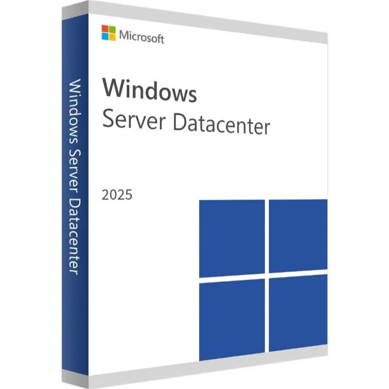 Microsoft Windows Server Datacenter 2025 packaging on a white background