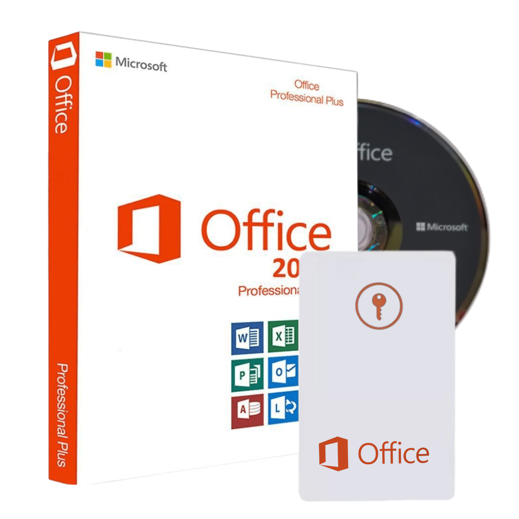 Microsoft Office 2016 Professional Plus software package with disc and key card on a white background