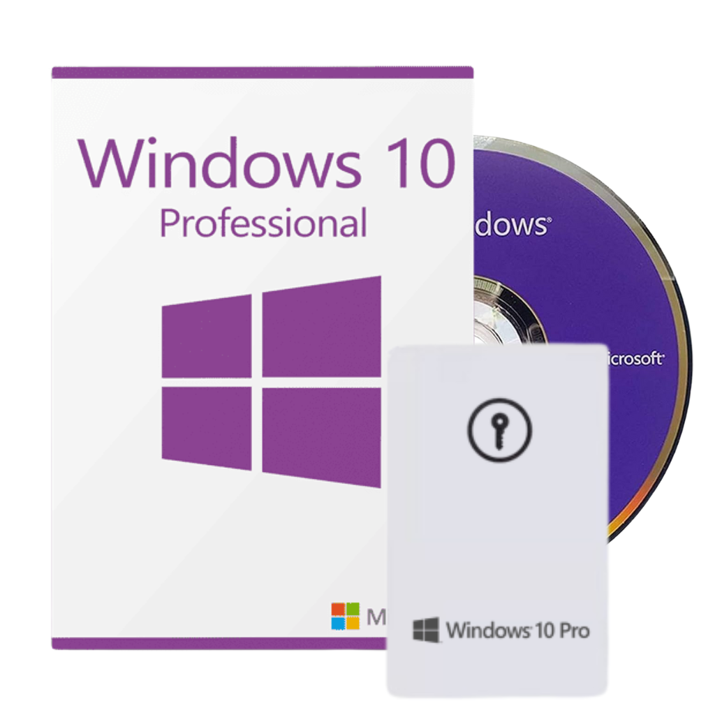 Windows 10 Professional software package with disc and key card on a white background
