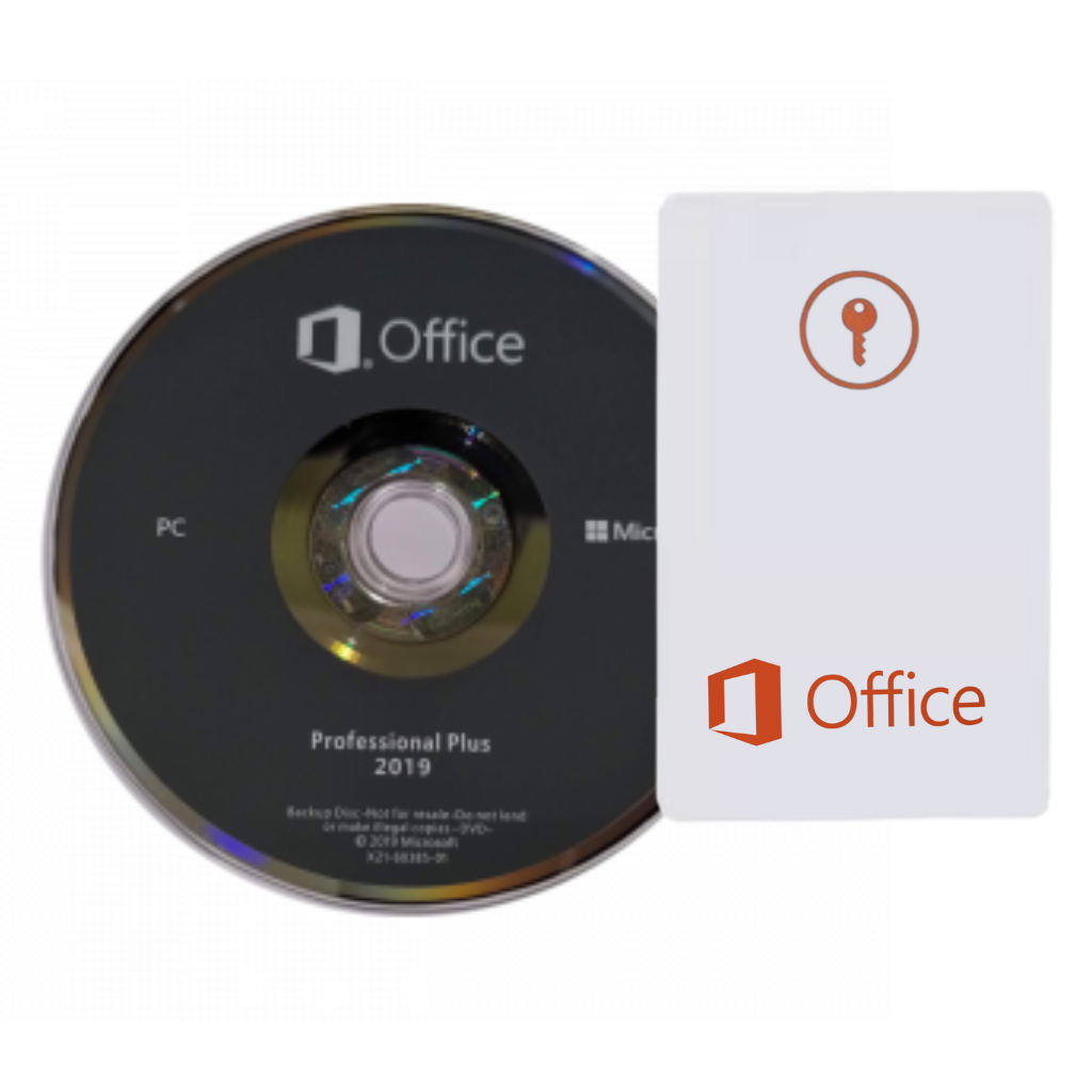 Microsoft Office 2019 Professional Plus CD and packaging on a white background