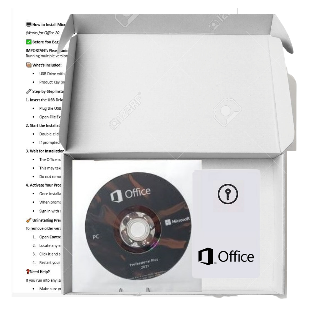 Microsoft Office installation disc and packaging with setup guide.