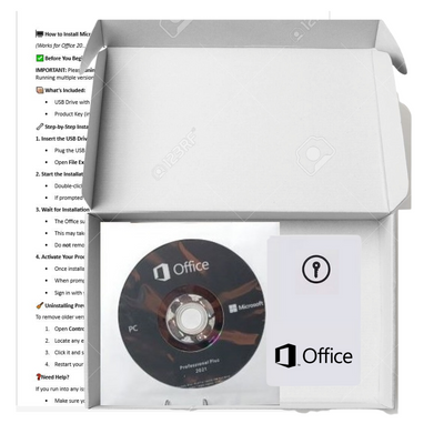 Microsoft Office installation disc and packaging with setup guide.