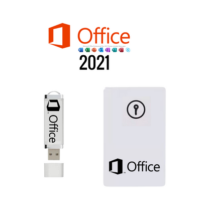 USB drive and packaging with Microsoft Office 2021 branding on a white background