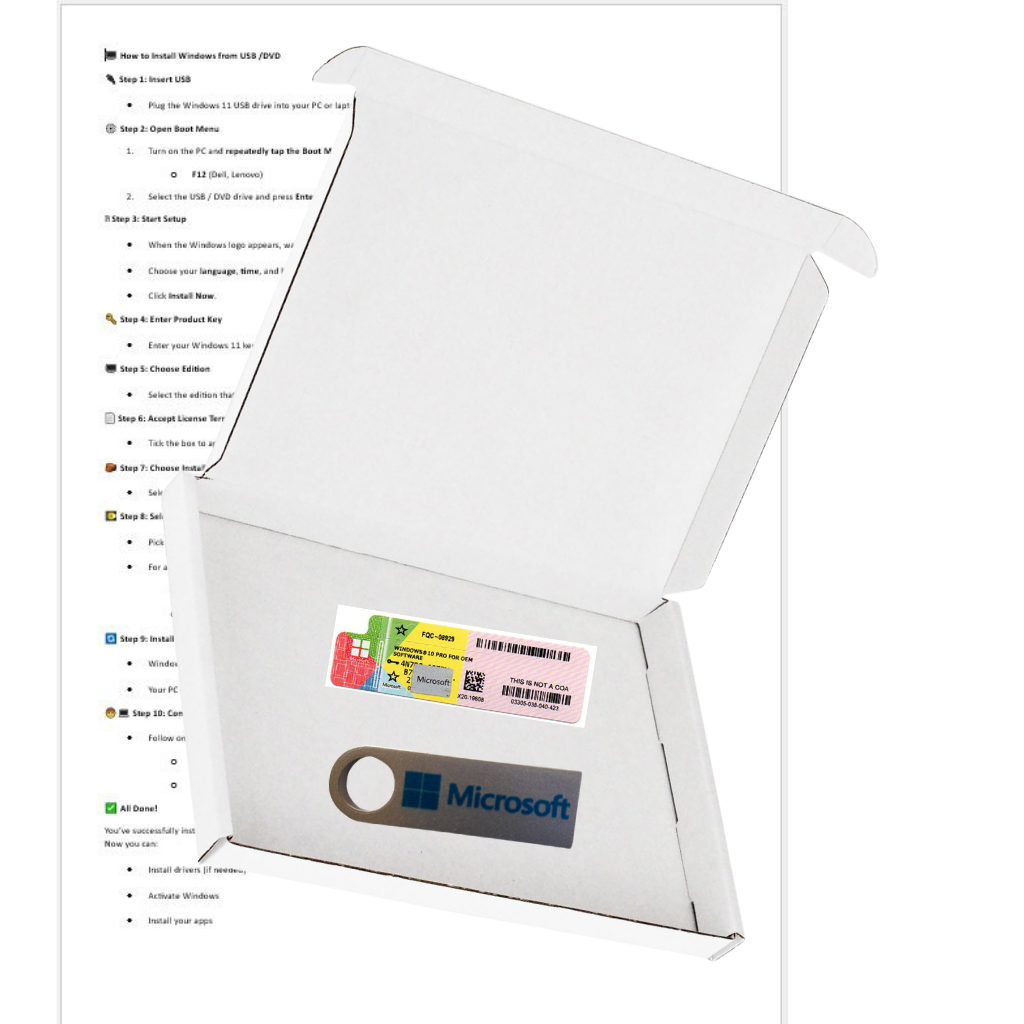 Microsoft product key card with setup guide instructions