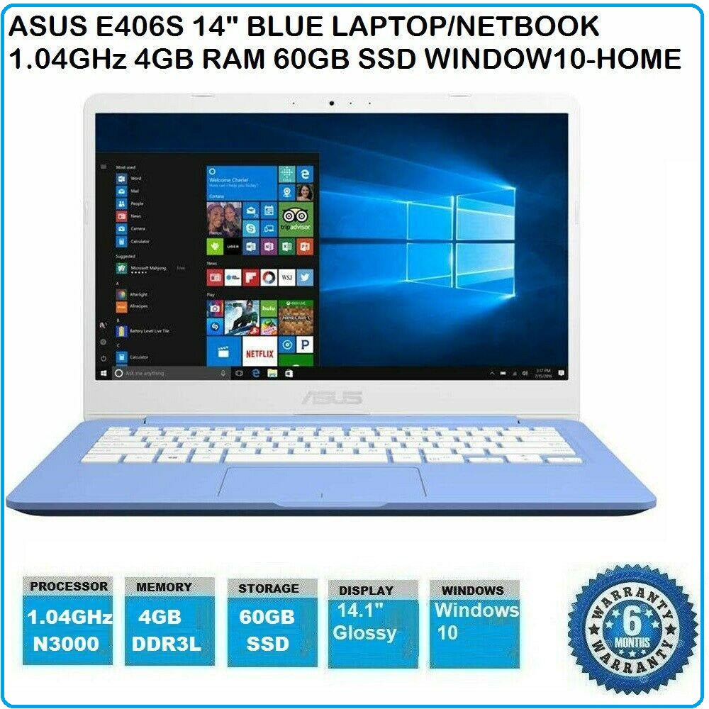 Asus e406s 14” Blue Laptop/Netbook 1.04ghz 4gb Ram 64gb Ssd Window 11 Home