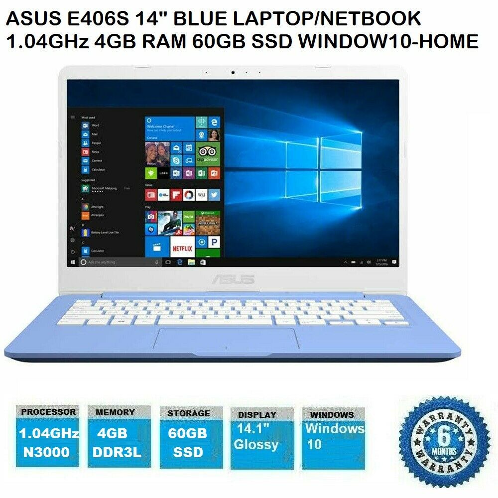 Asus e406s 14” Blue Laptop/Netbook 1.04ghz 4gb Ram 64gb Ssd Window 11 Home