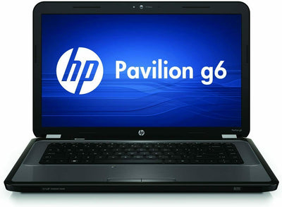hp Pavilion G6 laptop with a black color scheme, displaying the HP logo on the lid, featuring a 15.6-inch screen.