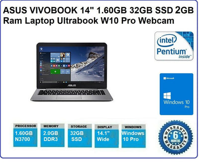 ASUS VIVOBOOK E403S 14" 1.60GB 32GB SSD 2GB Ram Laptop Ultrabook W10 Pro Webcam