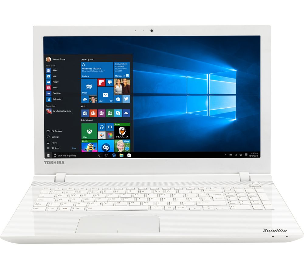 Toshiba Satellite L50-B-1N8 white laptop with a visible screen displaying Windows 10 interface, positioned flat.
