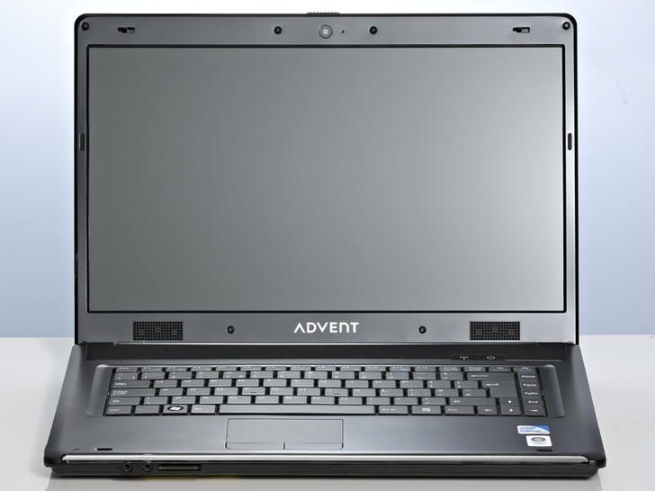 An Advent Roma 15.6 inch laptop with a black color scheme, featuring a webcam, speakers, and the Advent brand logo on the lid.