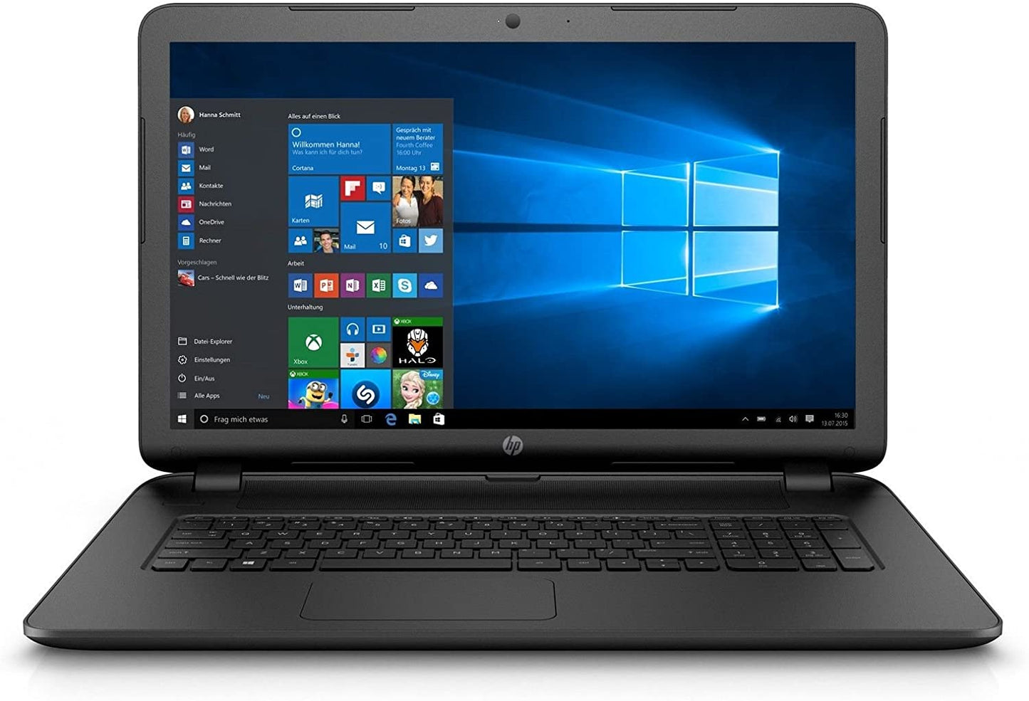 HP 17.3-inch laptop with a glossy screen displaying Windows 10, black color, with a visible HP logo on the bottom.
