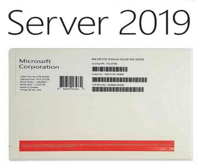 Microsoft Server 2019 packaging with branding and product details.