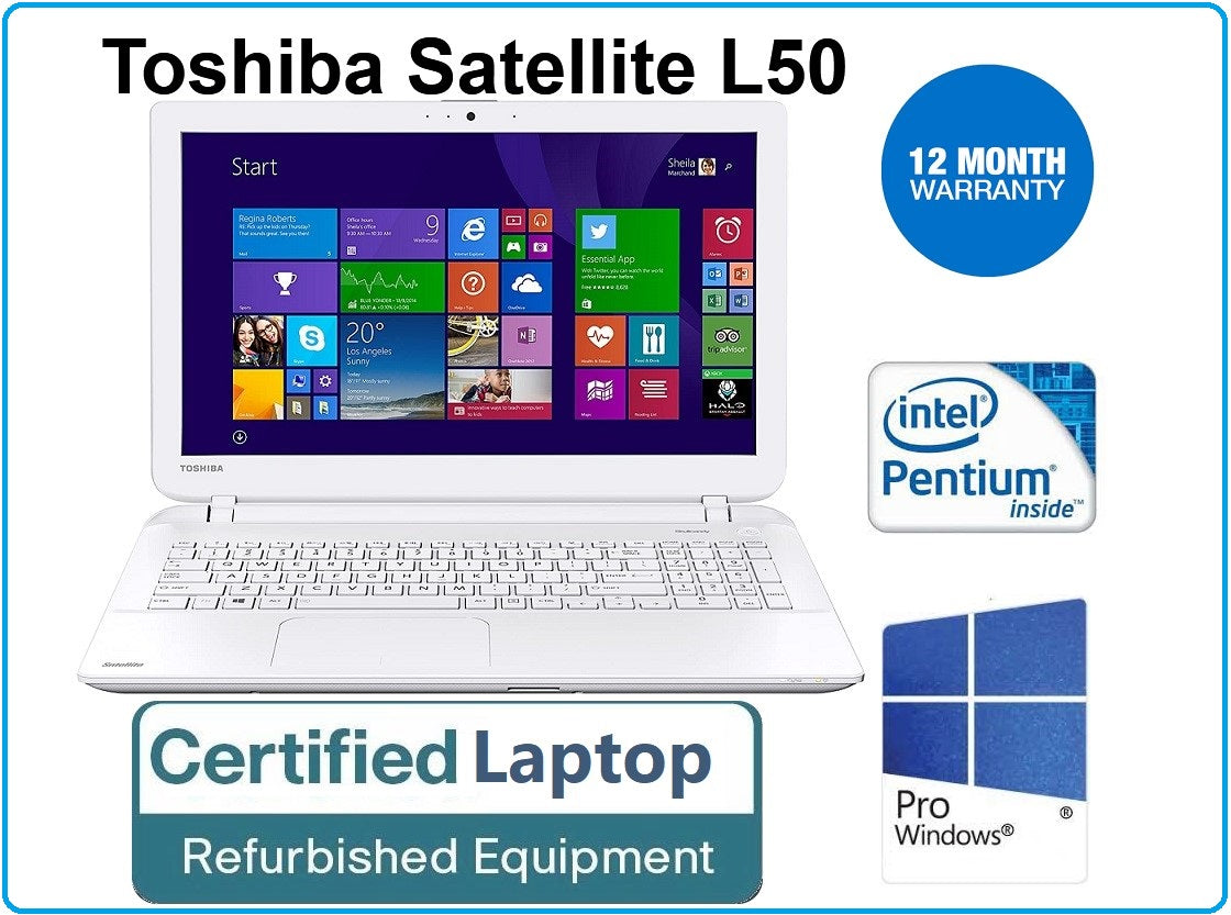 Toshiba Satellite L50 15.6" White 2.0GHz, 8GB 256GB W11 PRO WEBCAM, HDMI Laptop