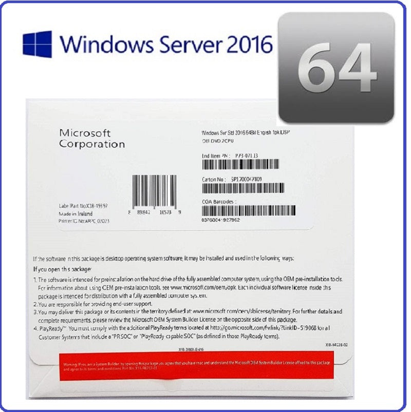 Microsoft Windows Server 2016 Standard 16 Core License ( 2x 8 Core ) 64Bit DVD & COA OEM | P73-07113