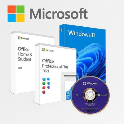 Image showcasing Microsoft software collection: Windows 10, Windows 11, Server Standard 2022, and RDS CALs