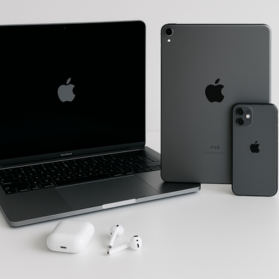 A modern digital photograph displaying a collection of Apple products including MacBooks, iPads, iPhones, and Apple accessories, arranged on a clean white background for a premium, minimalist look