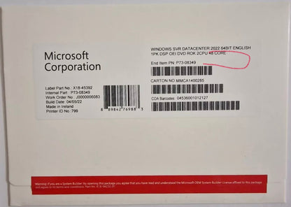 Microsoft Windows server 2022 datacenter 48 Core DVD & License COA + Unlimited Cals