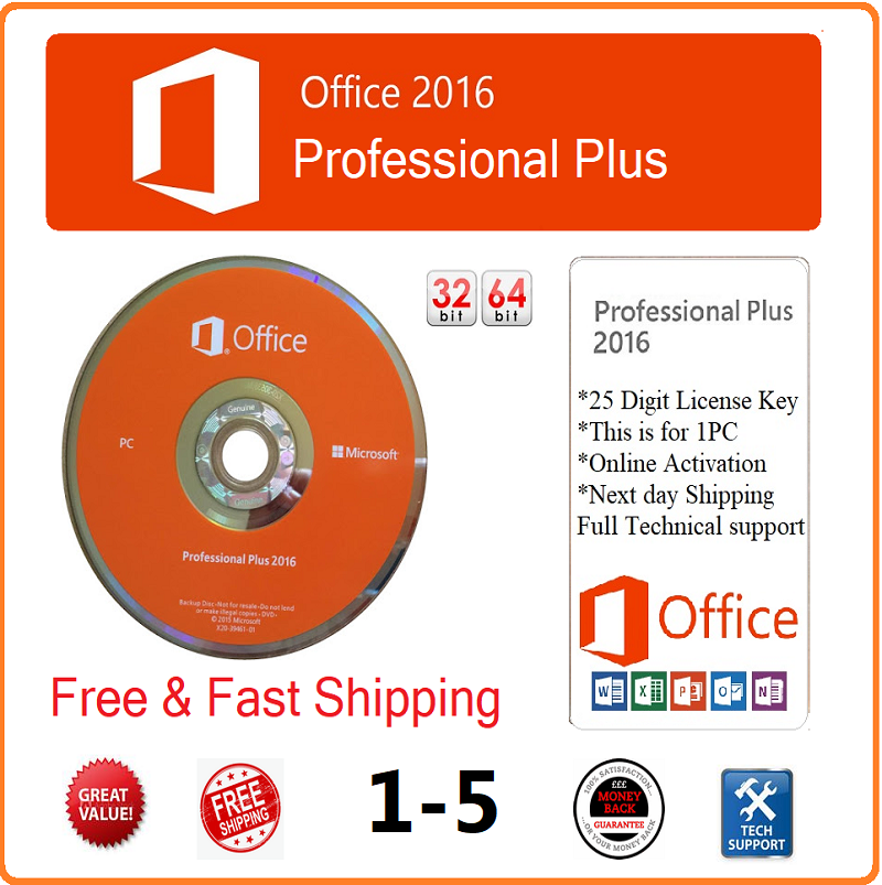 Microsoft Office Professional Plus 2016. 1 PC 32/64bit ( DVD & License ) 1-5 PCs