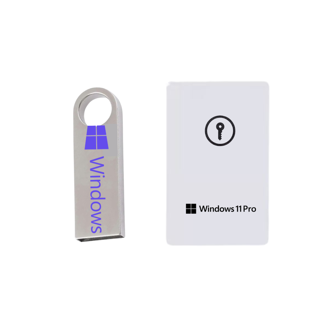 USB drive with Windows logo and packaging labeled 'Windows 11 Pro' on a white background