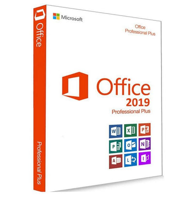 Microsoft Office 2019 Professional Plus software package on a white background