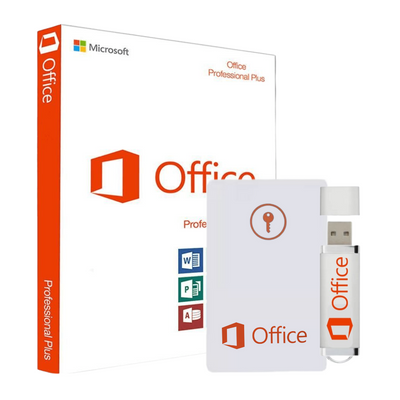 Microsoft Office Professional Plus software package with USB drive on a white background