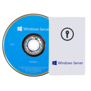 Windows Server 2016 Standard CD and manual on a white background