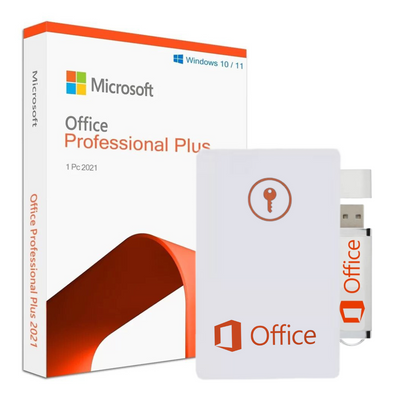 Microsoft Office Professional Plus 2021 package with USB drive on a white background
