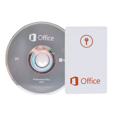 Microsoft Office 2021 Professional Plus CD and key card on a white background