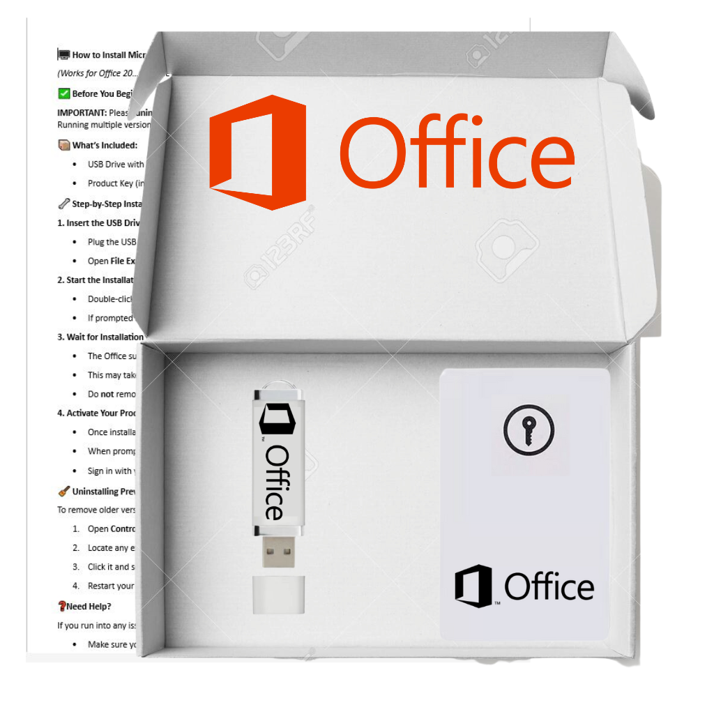 Microsoft Office setup disc and USB drive with installation guide on a white background