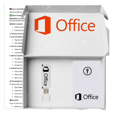 Microsoft Office setup disc and USB drive with installation guide on a white background