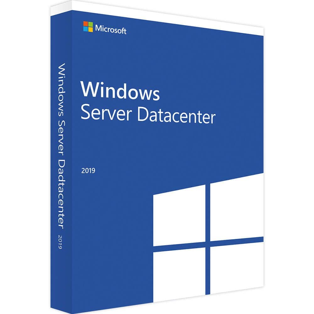Microsoft Windows Server Datacenter 2019 packaging on a white background