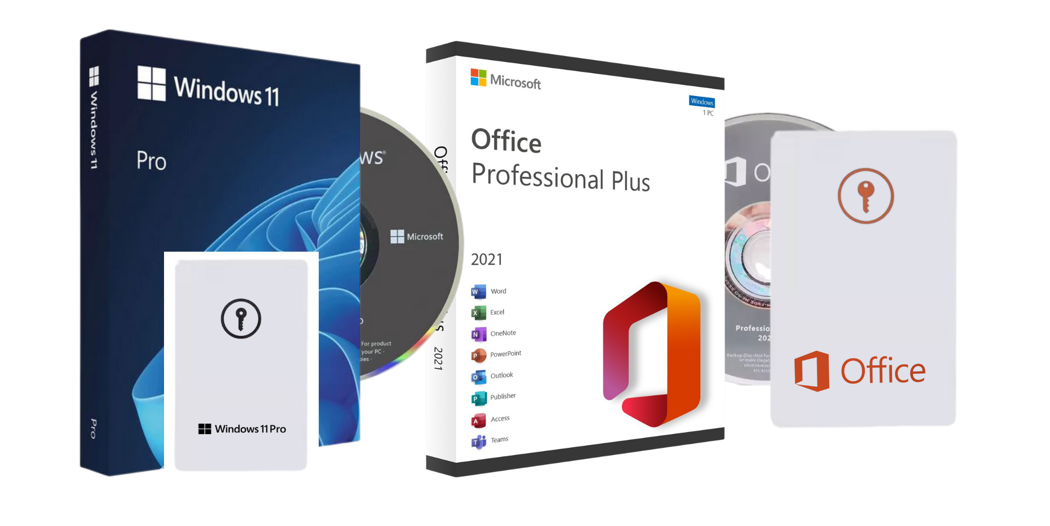 Microsoft Windows 11 Pro and Office Professional Plus software packages on a white background