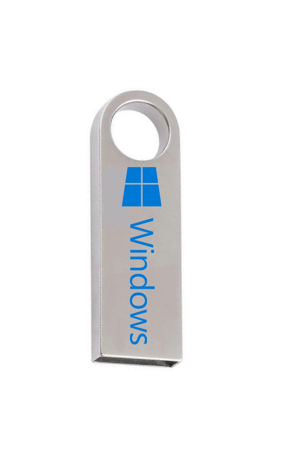 Metallic USB drive with Windows logo on a white background