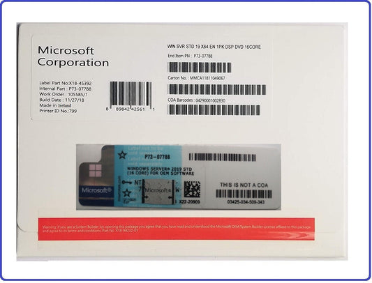 Windows Server Standard 2019 64Bit 2xCPU 16 Cores DVD & COA