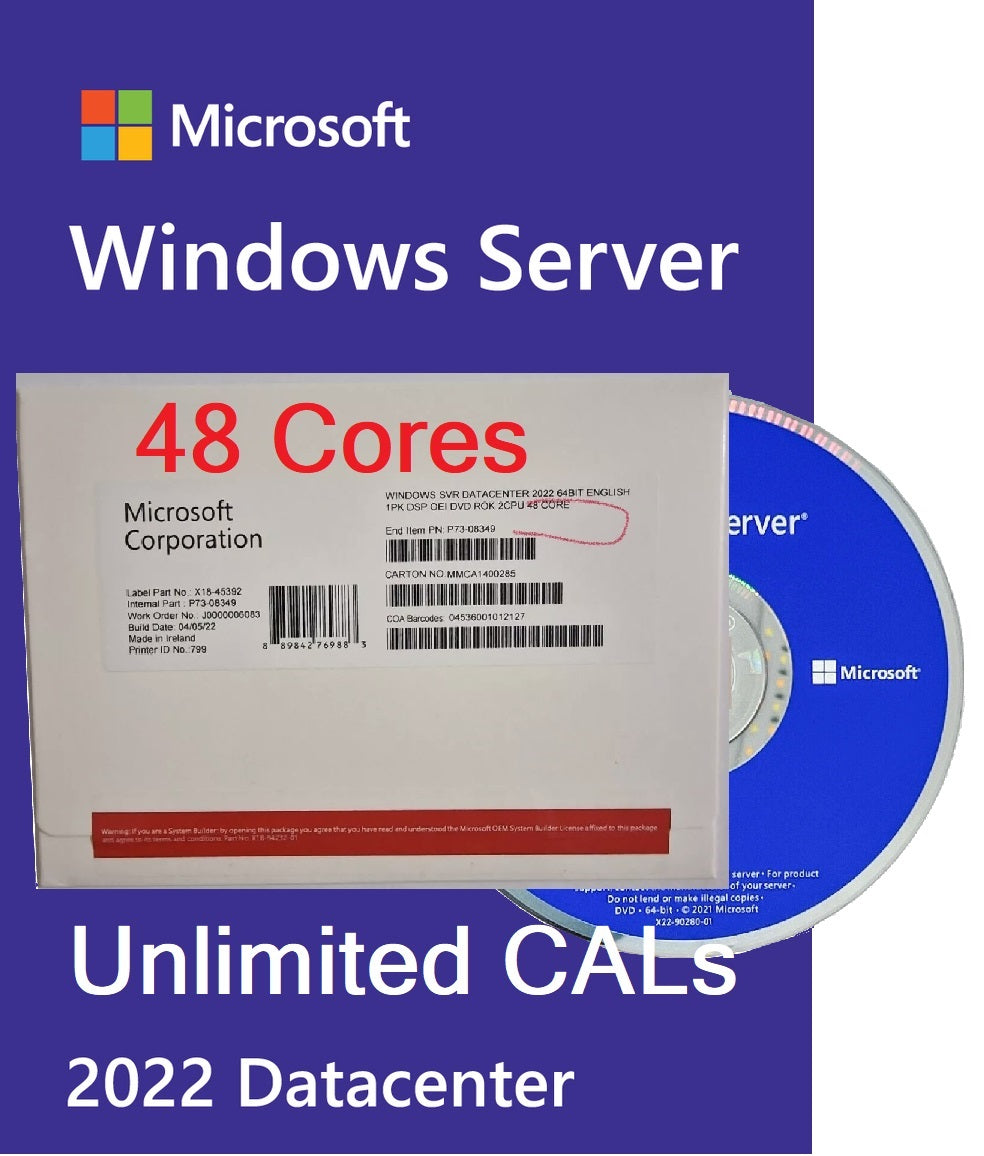 Microsoft Windows server 2022 datacenter 48 Core DVD & License COA + Unlimited Cals