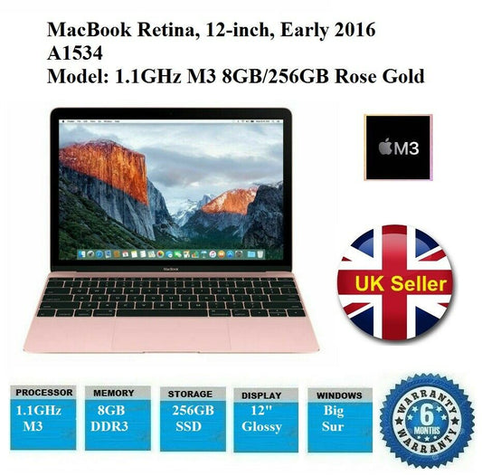 Apple MacBook Retina A1534 12" E 2016  1.1GHz M3 8GB/256GB Rose Gold - Grade A