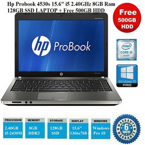 Hp Probook 4530s 15.6" i5 2.40GHz 8GB Ram 128GB SSD LAPTOP + Free 500GB HDD