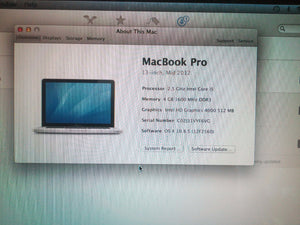 Apple MacBook Pro 13.3" Mid 2012 Intel Core i5 2.5 GHz 4GB Ram 500GB OS X 10.8