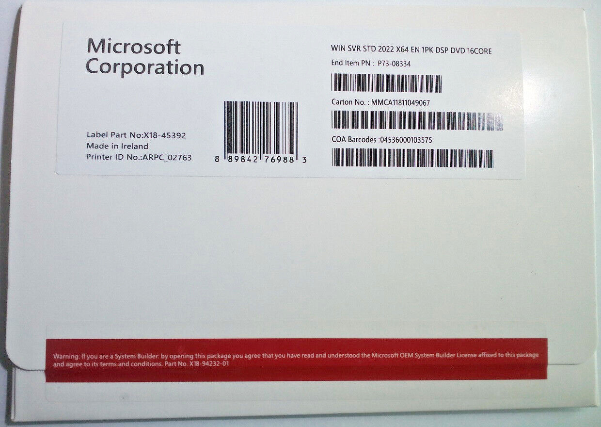 Sealed Windows Server 2022 DataCenter 16 Cores 64Bit DVD & COA OEM