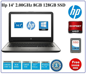 Hp 14-an010na 14" 2.00GHz 8GB Ram 128GB SSD W10 Pro Laptop + 500GB Backup HDD