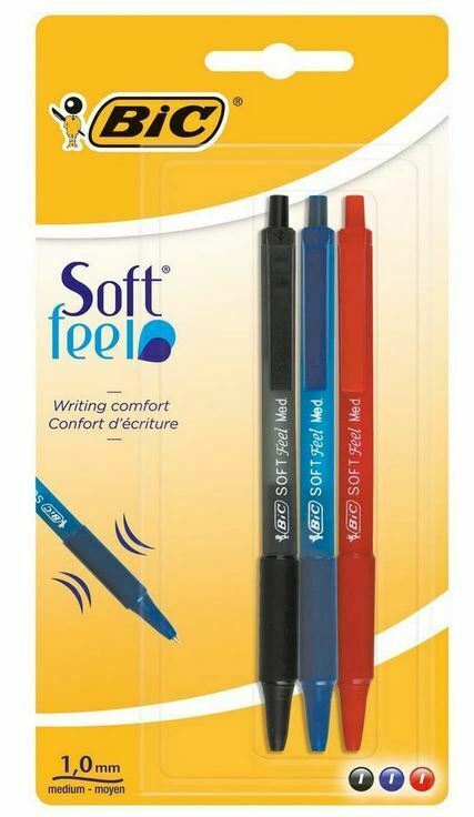 3 Pack Bic Soft Feel Ballpoint Pens Medium Point 1.0 Assorted Colours Black Blue