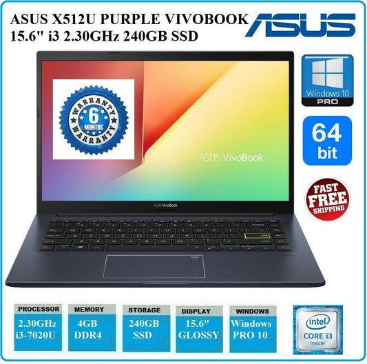 ASUS X512U PURPLE VIVOBOOK 15.6" i3 2.30GHz 240GB SSD HDD 4GB RAM LAPTOP