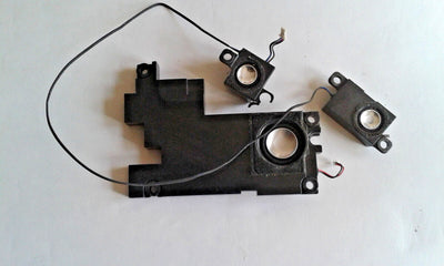 A set of black laptop internal bass subwoofer speakers, including two speakers and a subwoofer, with visible wires and connectors.