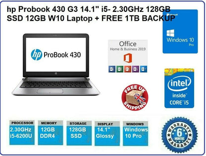 hp Probook 430 G3 14.1" i5- 2.30GHz 128GB SSD 12GB W10 Laptop + FREE 1TB BACKUP