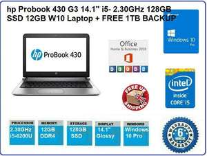 hp Probook 430 G3 14.1" i5- 2.30GHz 128GB SSD 12GB W10 Laptop + FREE 1TB BACKUP