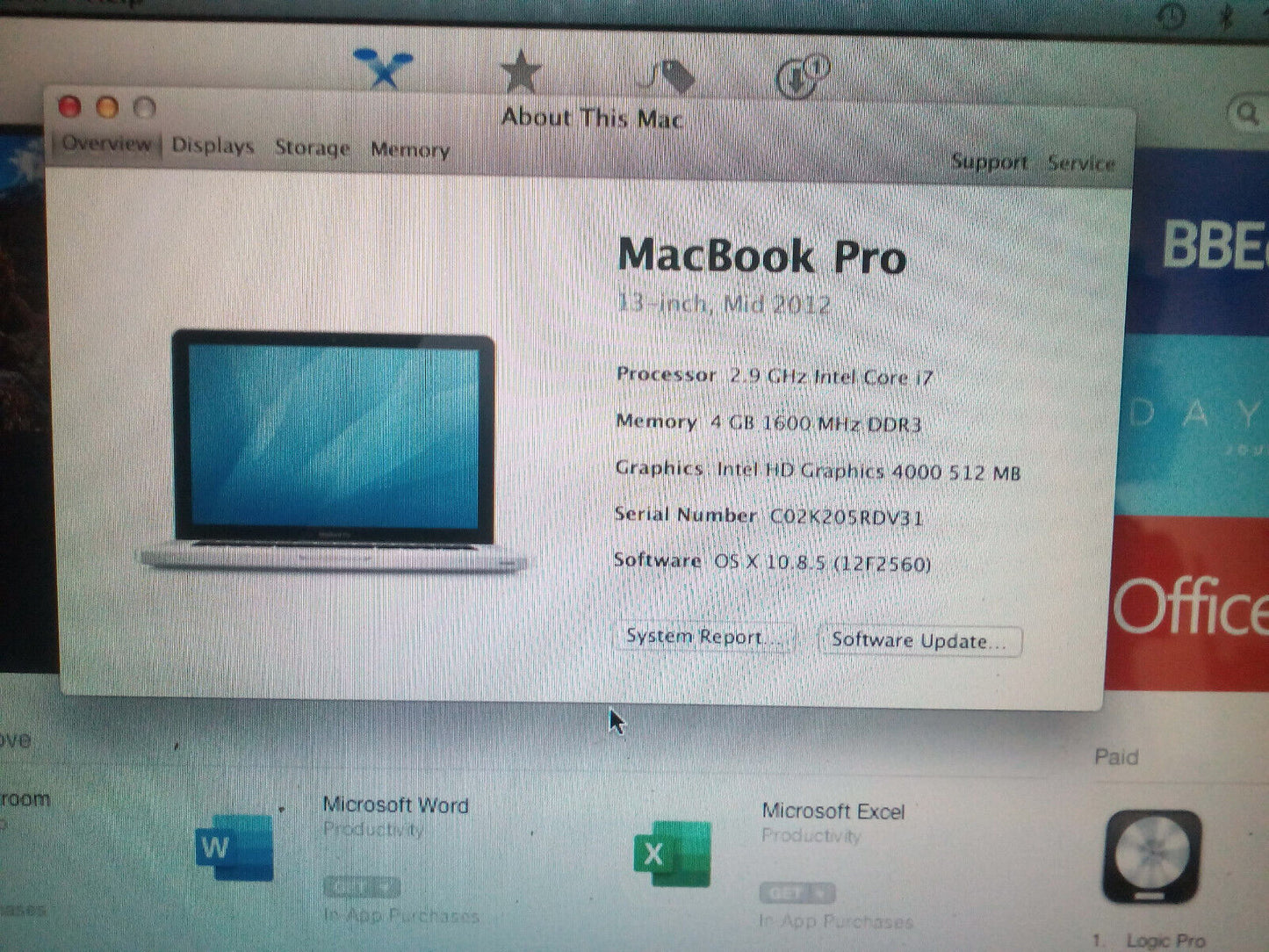 Apple MacBook Pro 13.3" Mid 2012 Intel Core i7 2.9 GHz 4GB Ram 500GB OS X 10.8