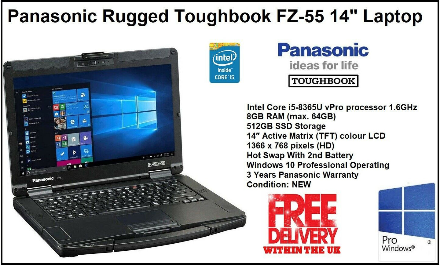 Panazonic FZ-55 Core i5-8365U 1.60 8GB RAM 512GB SSD HD Windows10 Rugged Laptop